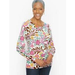 Talbots Puff Sleeve Merino Wool Pullover Floral Stitch Womens M Luxury Office